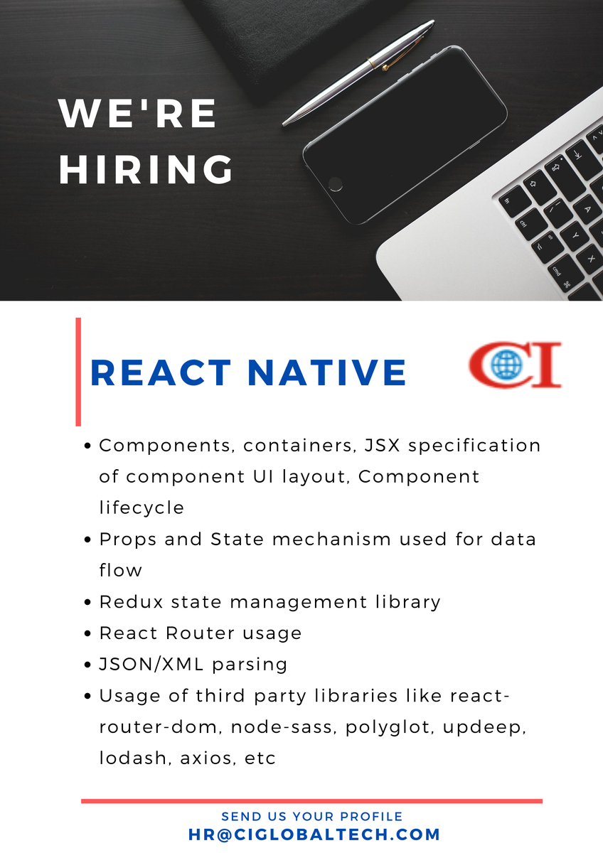 ciglobal's tweet photo. We're hiring React Native developers. Send your profile to hr@ciglobaltech.com #chennaijobs #hiring #ciglobal https://t.co/xwdvdRPbe7