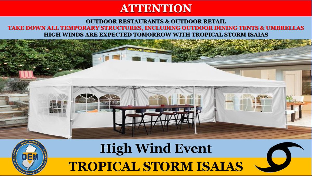 ReadyNJ's tweet photo. ATTENTION‼️
☑️Take down ALL temporary structures, including outdoor dining tents and umbrellas
☑️Secure loose furniture and other objects
#ReadyNJ #TropicalStormIsaias https://t.co/ODfIaQVaUB