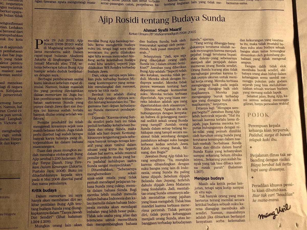 Diellad's tweet photo. Tulisan bagus di Kompas hari ini, kritik dan refleksi Ajip Rosidi tentang Budaya Sunda @hariankompas 4/8/29 hal 6 https://t.co/Diw5rcnB92