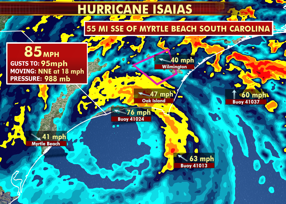 rickreichmuth's tweet photo. Isaias strengthening even more as eye moving onshore just west of Cape Fear.  76mph gust recorded from buoy within northeastern eyewall.  #HurricaneIsaias #weather https://t.co/gzwoJ42AWM