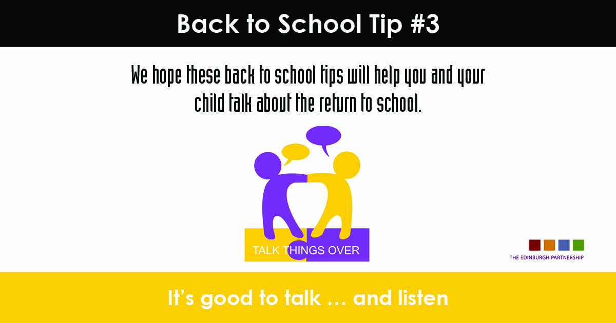 Back to School Top Tip #3 
For some the return to school may be a busy and exciting time, for others it may cause some anxiety and worry. Visit edinburgh.gov.uk/backtoschool for more tips on how to support yourself and your child/young person #buildingresilience  #BackToSchoolEdin