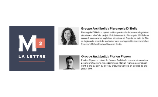 [Lu dans le #FlashM2]
Pierangela Di Bello rejoint Alto, le bureau d'études Structure du Groupe Archibuild, en tant qu'Ingénieur Structure-Chef de projet &amp; Florian Pignon en tant que Dessinateur Projeteur Structure.
groupealto.fr