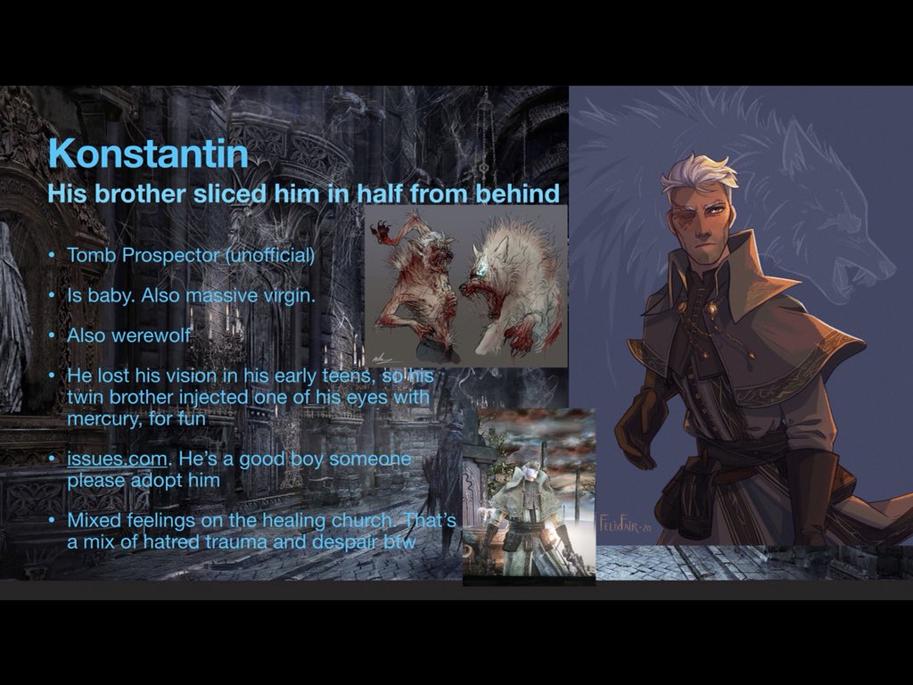 We finally bullied one of our pals into playing bloodborne and she requested a cheat sheet to get her up to speed with our OCs. Here’s mine, for your enjoyment also