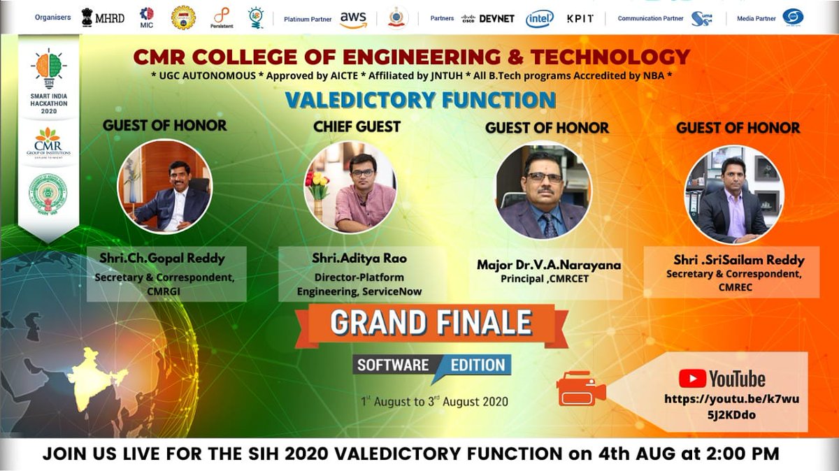 Cmrcet_Official's tweet photo. We welcome you all to watch the valedictory session live streamed in our YouTube channel
Link https://t.co/HN78yEyA5d
#SmartIndiaHackathon2020 #SIH2020 #Innovation #OutofBoxThinking #WizardsOfTech #IdeaNation @jereabhay @hrdministry @mhrd_innovation @persistent_systems @bprdindia https://t.co/7yoFtK5q2A