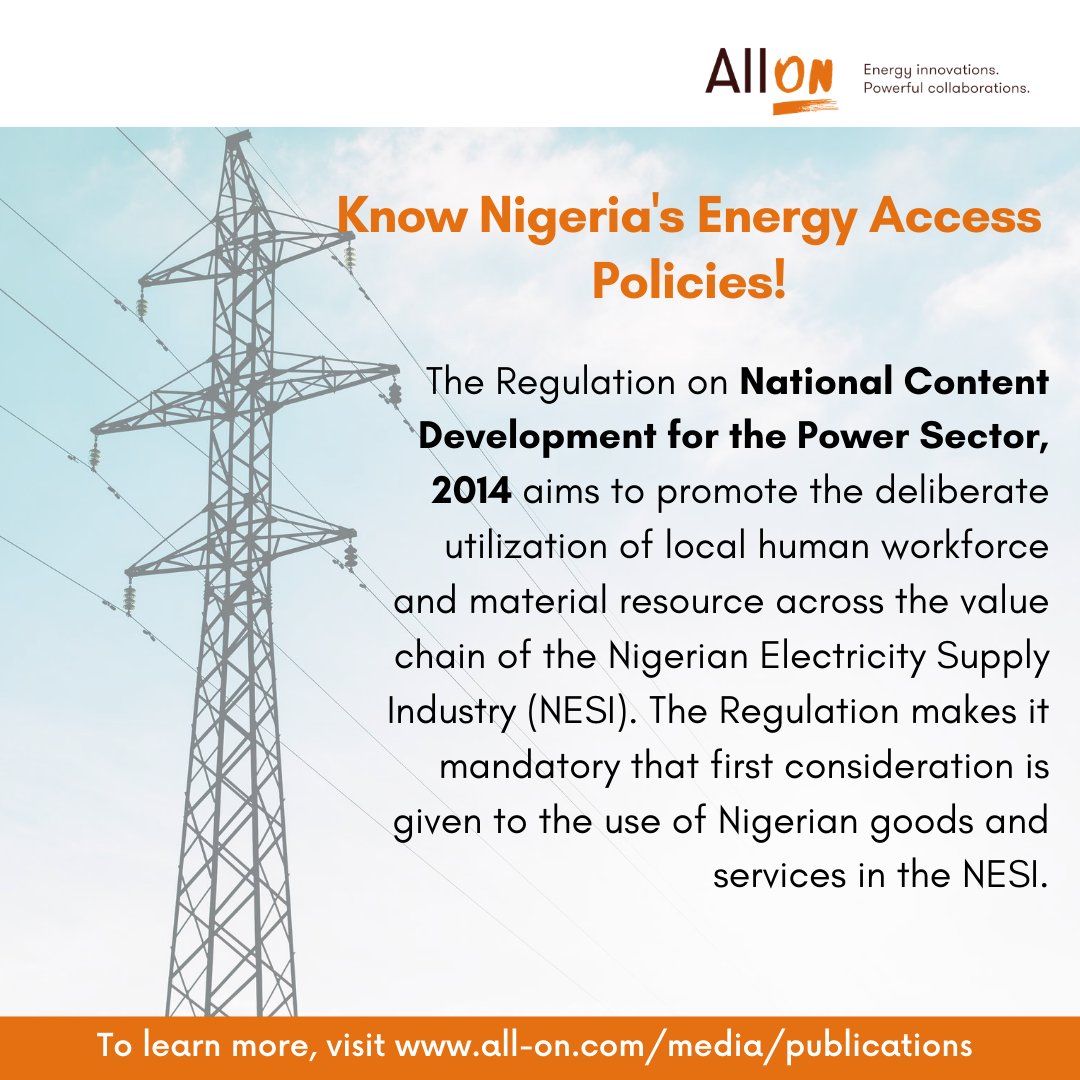 Did you Know?

The National Content Development for the Power Sector, 2014 puts in place the legal and operational framework for the development of local content in the Nigeria Electricity Supply Industry (NESI),