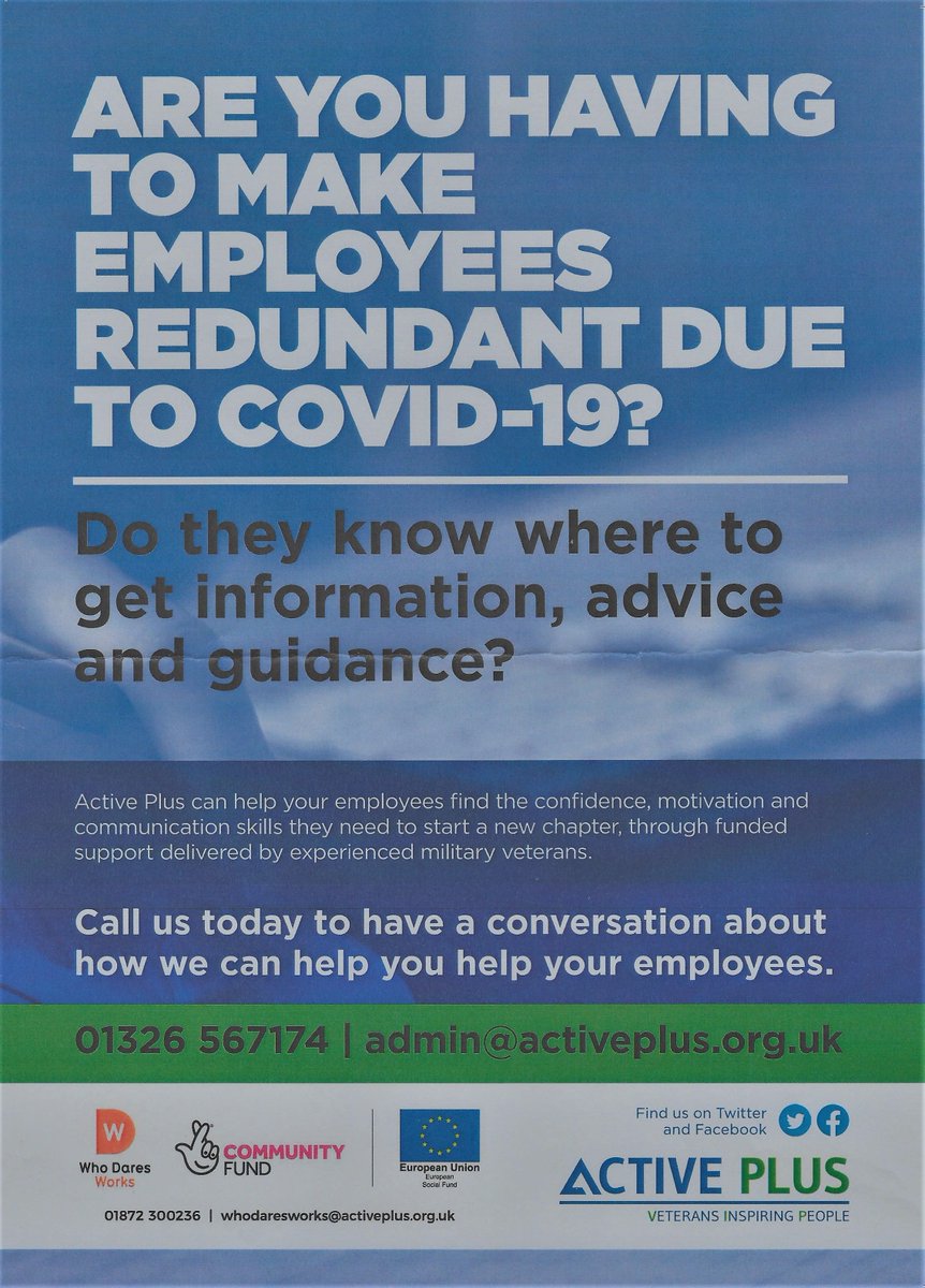 Active_Plus_'s tweet photo. Having to make people redundant? Active Plus are here to help. Our Wounded, Injured and Sick military Veterans have resilience through experience, have dealt with transition and are helping themselves by helping others. #GoldERS2020 @TNLComFund @WhoDaresWorks  @DRM_Support https://t.co/R7Ccr6B3lZ