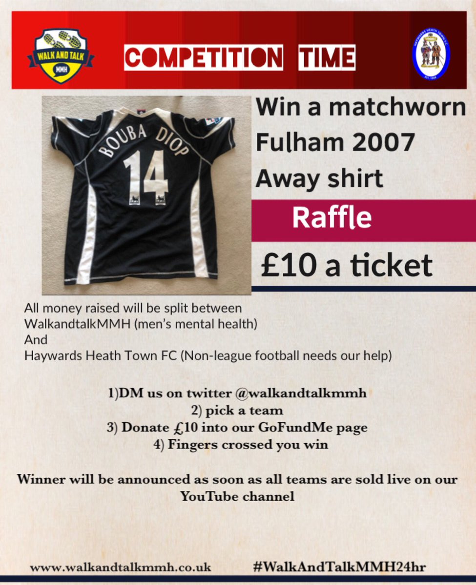 WalkAndTalkMMH's tweet photo. Raffle Time🚨
In aid of our 24hr WalkAndTalk this Saturday at @HHTFC
Up for grabs is this
#MatchWorn ✅
@fulhamfc ✅
Bouba Diop
2006/2007
Away shirt
👇🏻👇🏻All details below 👇🏻👇🏻#HelpNonLeague #SaveTheMale #MensMentalHealth #MenDown https://t.co/5QeIOM53Cm