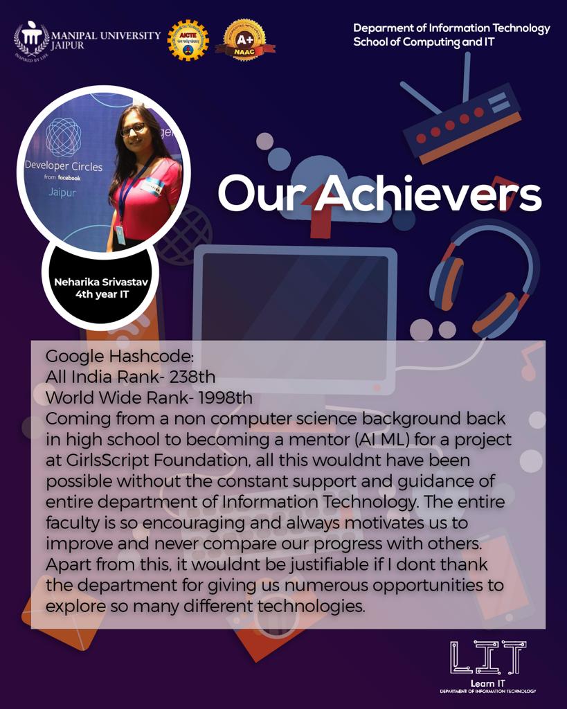 MLearnit's tweet photo. A department is defined by its students.

LearnIT, Department of Information Technology is proud to present our achievers, who are here to share their journeys with you!
#ManipalUniversityJaipur #InformationTechnology #LearnIT #technology #education https://t.co/2qYCWATrd9