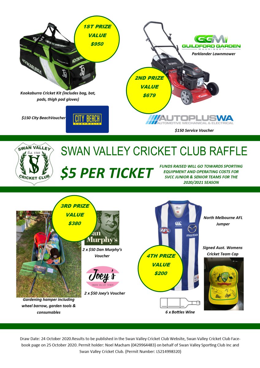 swanvalleycc's tweet photo. Please get behind our raffle! Tickets will be available soon for purchase from the club or from our members. This raffle will bring much needed funds to our club in the current challenging environment. Thanks in advance for your kind support! 💚 #raffle #fundraiser #Cricket https://t.co/cLkpP7mtKN