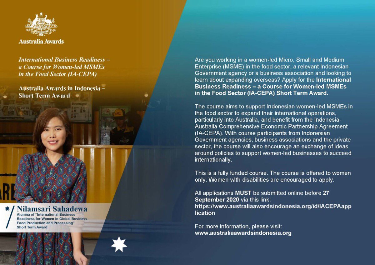 Apakah anda bekerja di UMKM di sektor pangan yang dipimpin perempuan, lembaga Pemerintah Indonesia atau asosiasi bisnis terkait dan ingin belajar cara ekspansi bisnis ke luar negeri?* Kami mengundang anda untuk mengikuti Beasiswa Studi Singkat Kesiapan Bisnis Internasional