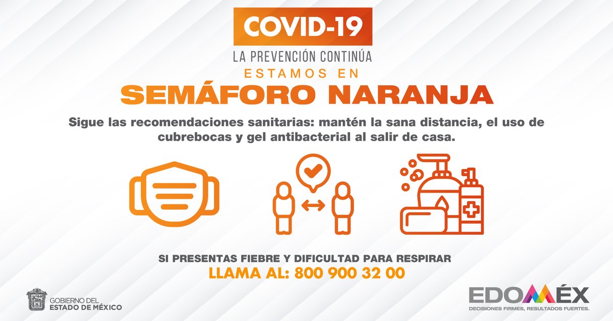 SaludEdomex's tweet image. En el Edoméx estamos en semáforo naranja, sigue las recomendaciones sanitarias y evitemos juntos contagios por #Covid_19mx. #CuidemosTodosDeTodos #PrevenirEsSalud