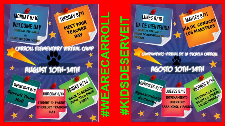 The <a href="/CarrollES_AISD/">Carroll Elementary</a>  Virtual Camp for our Students and Parents is almost here. Be sure to log on to our Virtual Pep Rally, to Meet your Teachers, ask questions at our Town Hall &amp; learn how to correctly use Schoology. Then join us for the Back to School Drive Through Block Party!