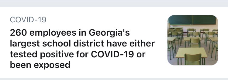 Twitter headlines a story that 260 employees at Georgia’s largest school district are off due to testing positive for Covid or being exposed to it.Schools there did not open yet. They had planning meetings 5 days ago. 260 Exemptions were given the next day.cc  @kateefeldman