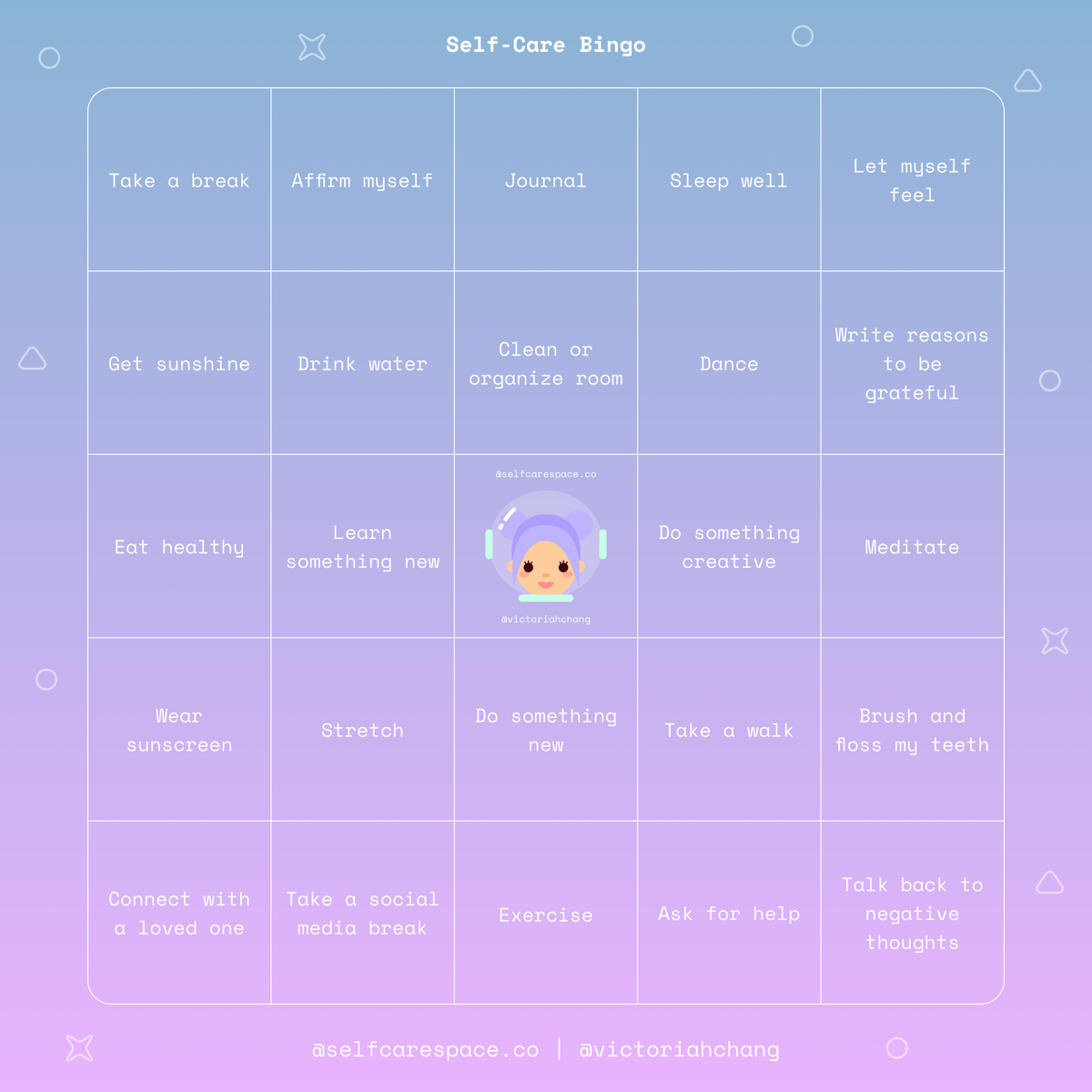 selfcarespaceco's tweet photo. Download this free self-care bingo card: https://t.co/7UGrtqnOBr π | https://t.co/l3y5lOLF9P | #selfcarespace #selfcare #selfcarebingo #selfcareroutine #selfcareritual #selfcaregiveaway https://t.co/Aa4ouTV4nV