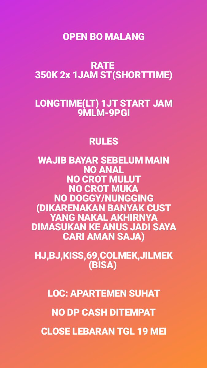 OPEN START JAM 3 SORE!
#AVAILMALANGKOTA
#BOMALANGKOTA
#BBWMALANGKOTA
#INCLUDEMALANGKOTA
#BOMALANGKOTA
#BISPAKMALANG
#MALANGCROT
Cus wa 089516587232