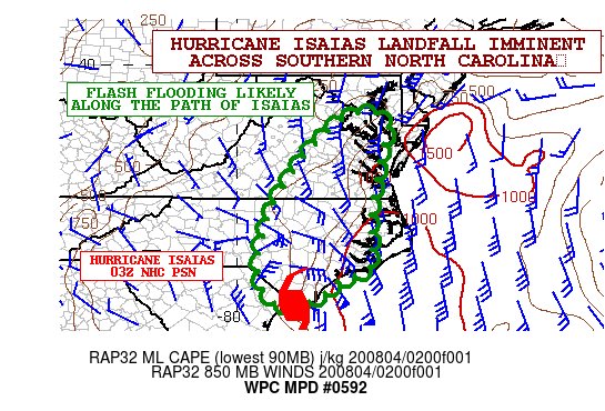 NWSMARFC's tweet photo. #isaias has made landfall. Flash Flooding is highly likely along the path of this dangerous storm. https://t.co/jvRFqLHQj7