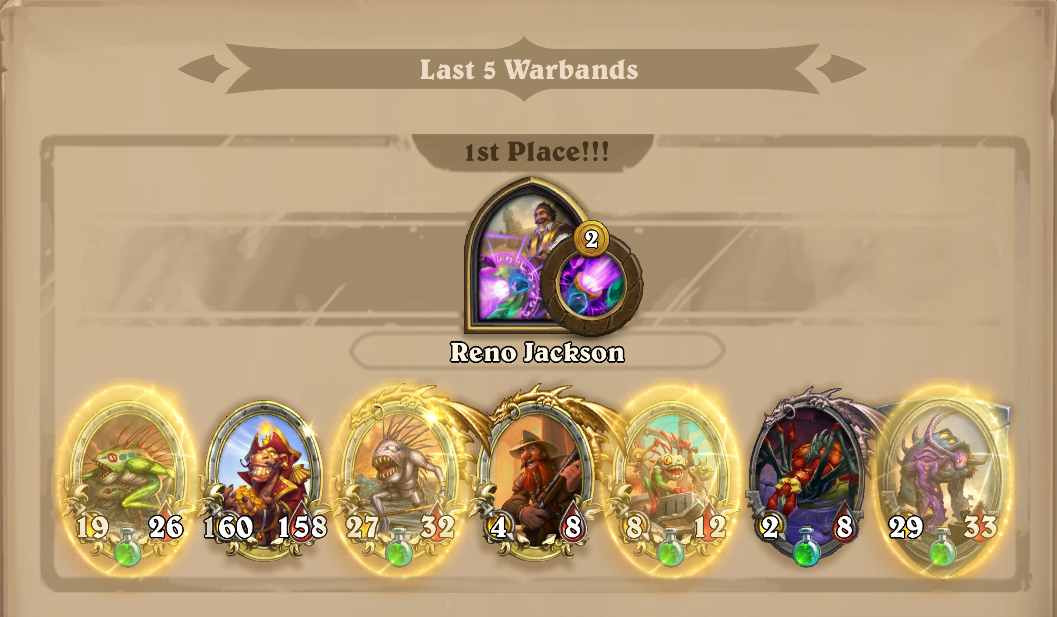 FaymystG's tweet photo. Craziest rolls ever, I had started with a Murloc Tidehunter, Turn 3 had 2 copies of it from Bartender Bob, then upgraded to 3 and golden card was Goldgrubber. Used hero power and kept him since then. 160/158 https://t.co/yTWQqwb4NE