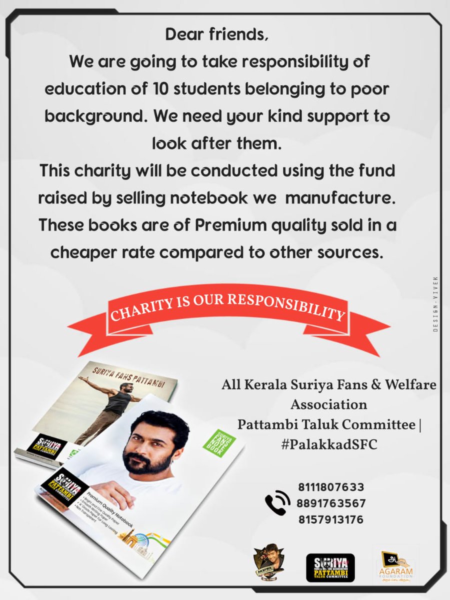 rameshlaus's tweet photo. • @Suriya_offl fans pattambi taluk committee going to take responsibility for education of 10 students belonging to poor background. We need your kind support to look after them🙏

Great Gesture👌

#PalakkadSFC | @AKSFWA1 
@SuriyaFansClub | @venkatvnt @agaramvision https://t.co/B5f9cmYeu3