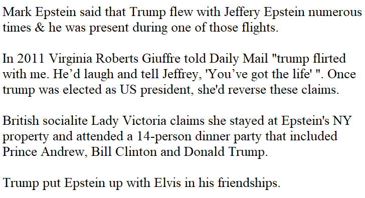 12. (1/3)Mark epstein story, https://www.washingtonpost.com/politics/donald-trump-and-jeffrey-epstein-partied-together-then-an-oceanfront-palm-beach-mansion-came-between-them/2019/07/31/79f1d98c-aca0-11e9-a0c9-6d2d7818f3da_story.htmlLady Victoria story. This puts the unholy trinity of bill,trump & epstein all together in one party. And Andrew to boot. Virginia Roberts mentioned trump in 2011 to a Daily Mail reporter in her...