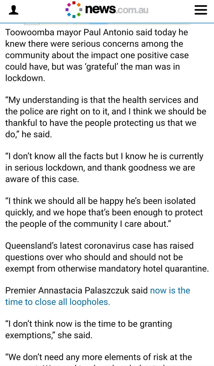 "I don't think now is the time to be granting exemptions", presumably about the decision not to name and shame this Toowoomba chap who has covid-19 and flew on a plane after lying about diplomatic immunity