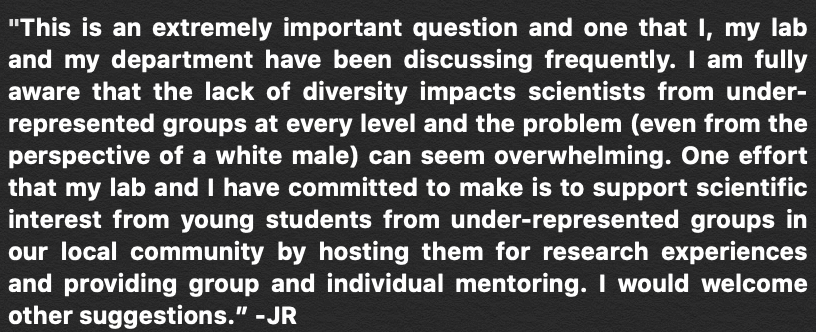 Question 4: What's your plan to increase  #diversity in your lab and department?  #diversityinSTEM
