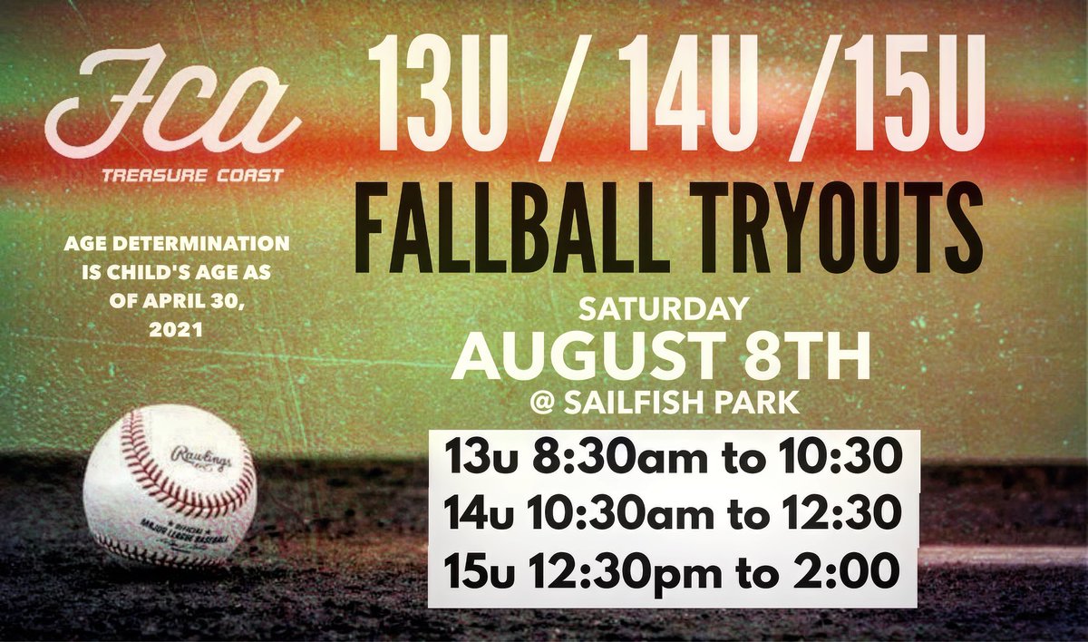 Baseball is back! FCA Treasure Coast fall travel baseball will be having tryouts this Saturday, August 8th @ Sailfish Park in Stuart! 

Times: 
13u 8:30am to 10:30am
14u 10:30am to 12:30am
15u 12:30pm to 2:00pm

Age determination is child's age as of April 30, 2021