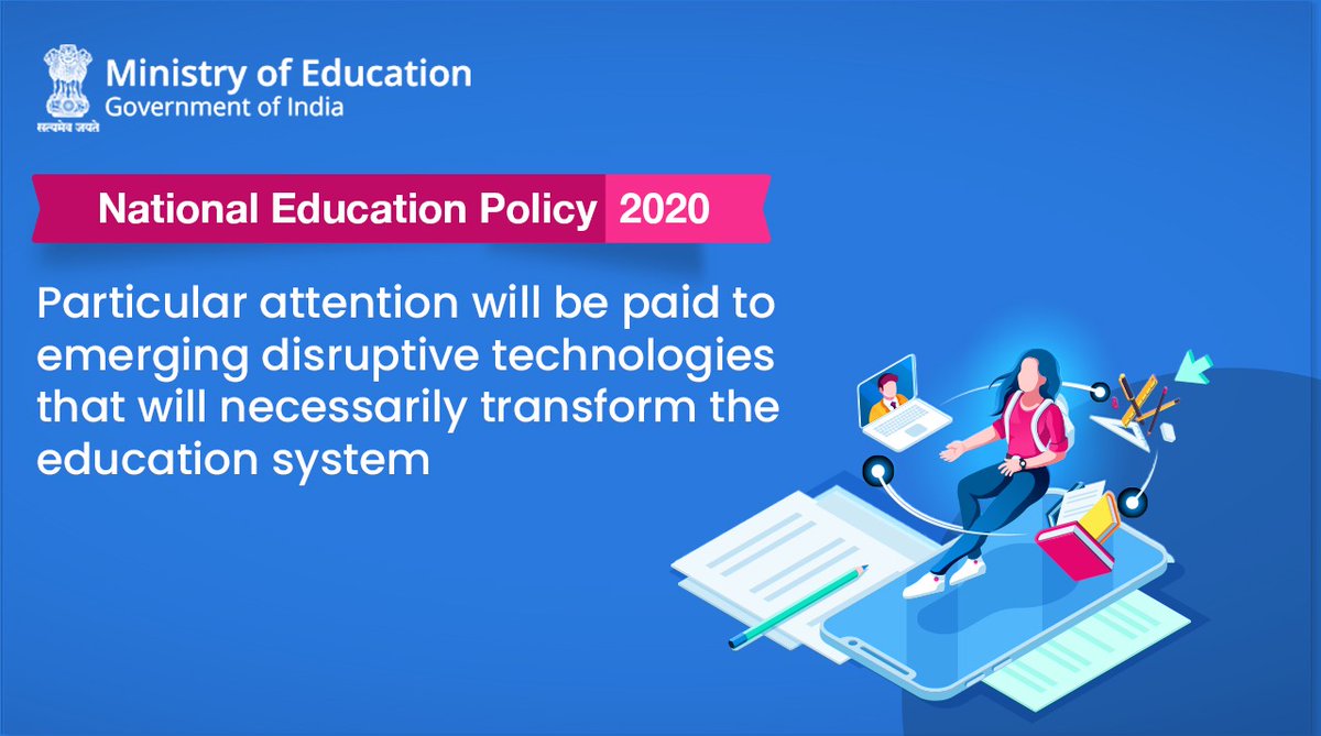 EduMinOfIndia's tweet photo. #NEP2020
Every possible step will be taken to ensure that we remain relevant in the fast-changing field of educational technology. HEIs will play an active role in:
🟠Conducting research on disruptive technologies
🟤Creating initial versions of instructional materials and courses https://t.co/tLkzsLU3Jk