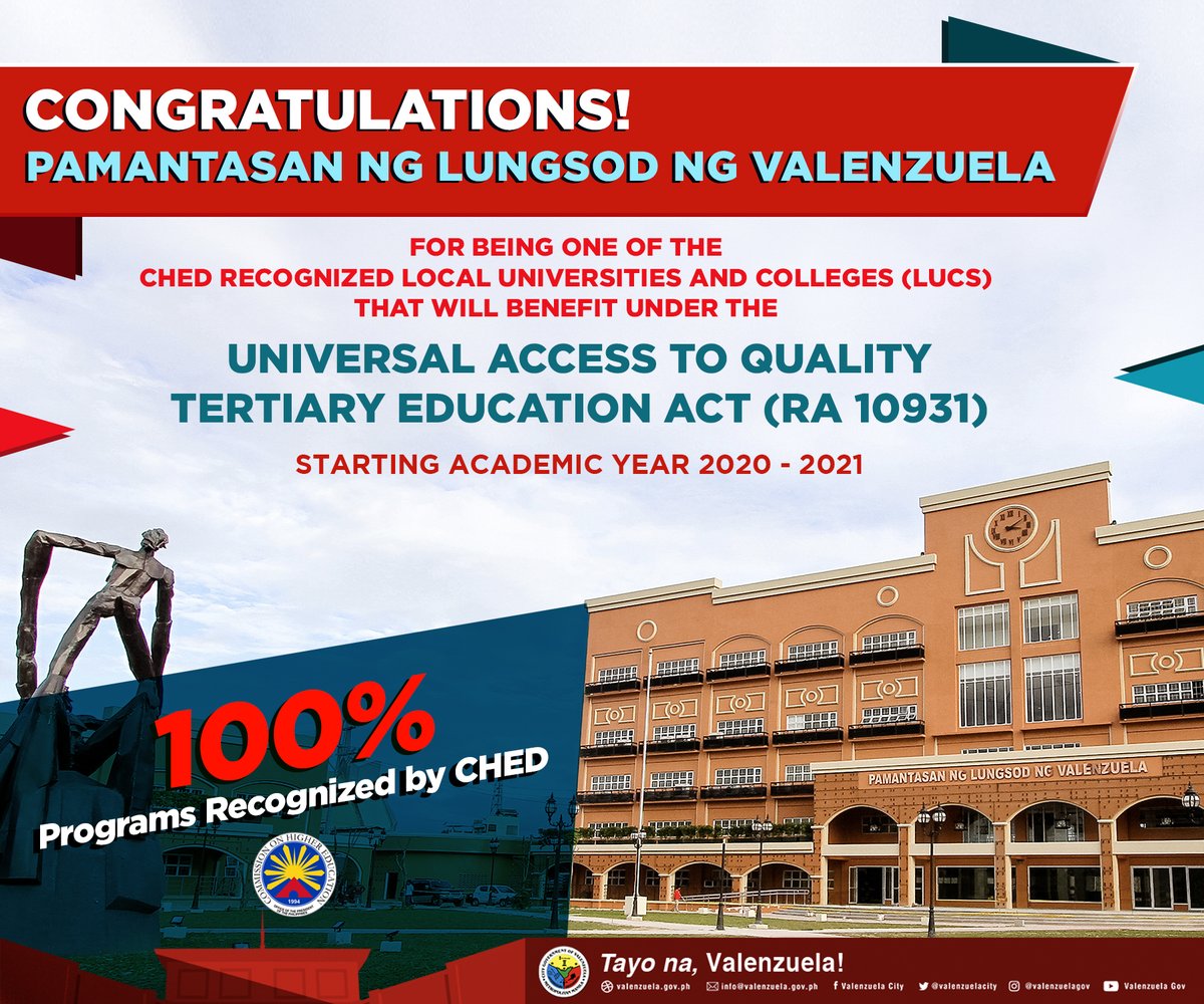 valenzuelacity's tweet photo. Congratulations, Pamantasan ng Lungsod ng Valenzuela for being one of the CHED Recognized Local Universities and Colleges that will benefit under the Universal Access to Quality Tertiary Education Act (RA 10931).
#FREEHigherEd https://t.co/GF0e3OF3RQ