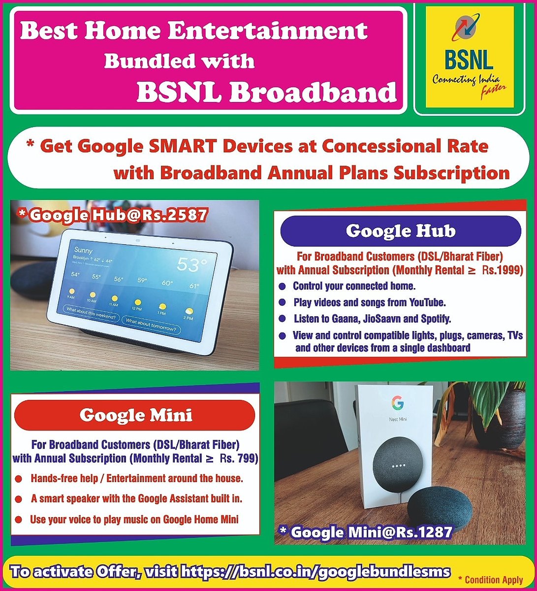 BSNL_GJ's tweet photo. @BSNLCorporate @CMDBSNL 
@CGM_GUJ_BSNL  @impksaha #SmartDevices #Google #smarthome #BSNL https://t.co/2Y4d7iXIrz