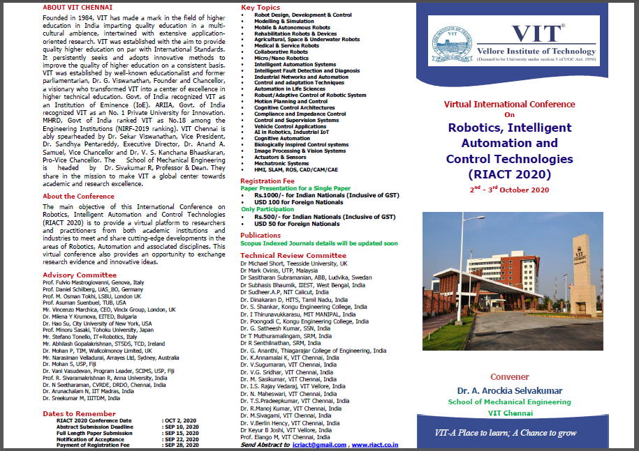 SMBS_VITCC's tweet photo. International conference on Robotics, Intelligent Automation and Control Technologies (RIACT 2020)" which is scheduled for 2nd-3rd October – 2020 https://t.co/M9vfFemjlC