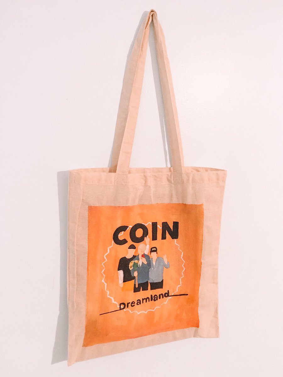 caliandcompany's tweet photo. if you’re a fan of the band @coin, (everyone should be) then this is the bag for you! 
The “Dreamland” hand-painted acrylic tote bag is now available on my etsy &amp; depop to purchase! $23 + free shipping AND a free matching scrunchie comes with each order! @COIN https://t.co/j9xqWaCtaB