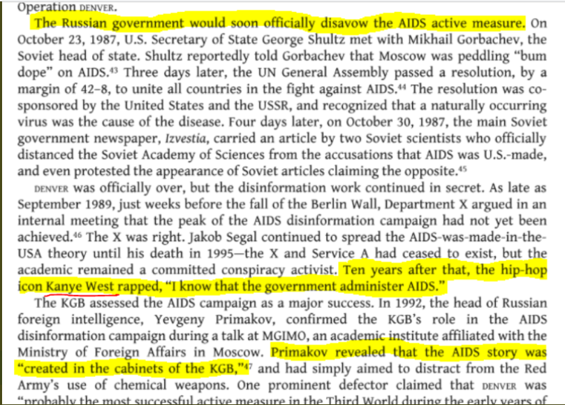 15/He's also mentioned in this excellent 2020 book about *active measures*. For including a disproven KGB active measure in his raps - repeatedly."I know that the government administer AIDS." - Kanye West [in multiple songs]