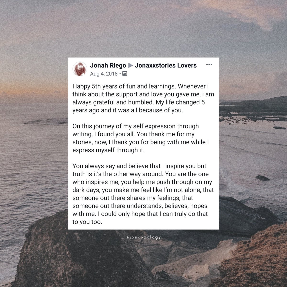 jonaxxology's tweet photo. π AUGUST 4, 2018
#JSLFlyingHighForFiveYears
"Be each other's strength. Be each other's lesson. Be each other's friend. Especially when no one else in your life is. Malungkot ang mundong ito, sana mapasaya n'yo ang isa't-isa rito." https://t.co/0ebqzmN3iP