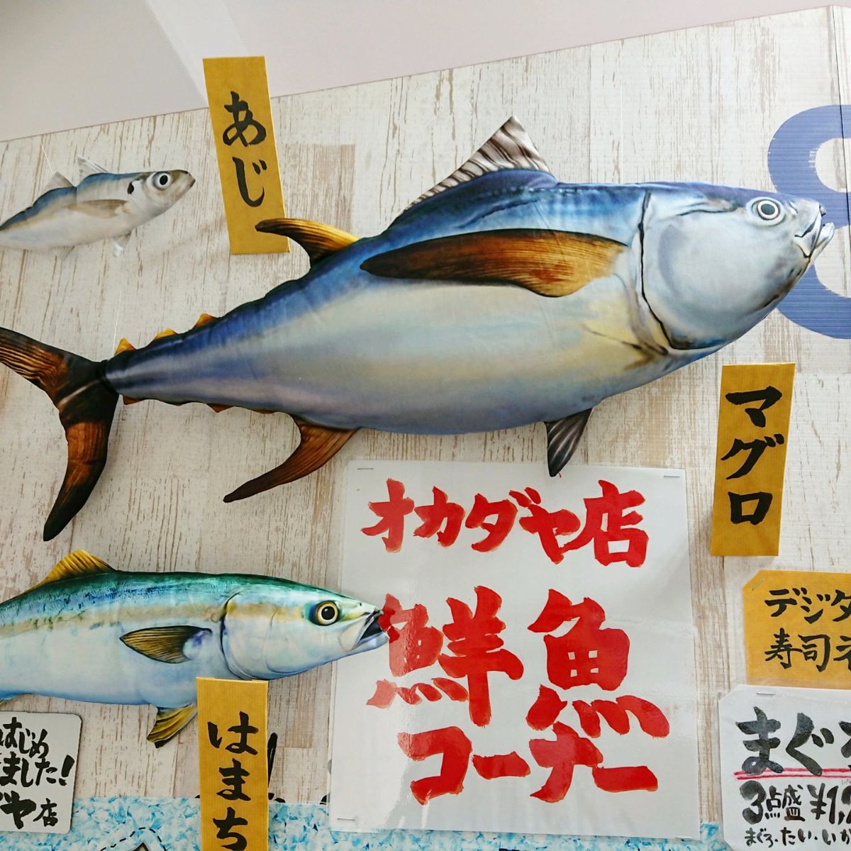 新宿オカダヤ 活きのいい魚揃ってます 思わず三度見 インパクト大な鮮魚デジタルプリント生地がオンラインショップで取扱いはじまりました まぐろ たい いかの三種盛り柄 しゃけ はまち ほたて あじの四種盛り柄 2種類からお選び頂け