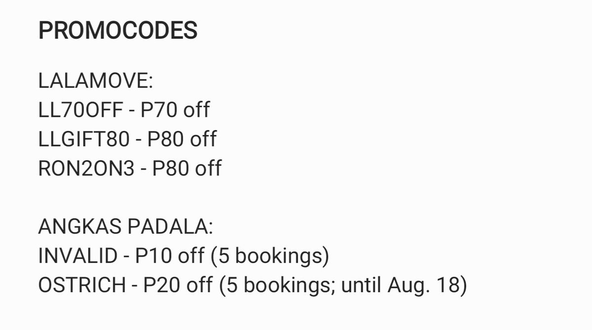 *Aug4new angkas padala promocodes!!!INVALID - P10 off (5 bookings)OSTRICH (HAHAHAHA QAQU GALENG) - P20 off (5 bookings; until Aug. 18)thanks po  @angkas :"""">  https://twitter.com/angkas/st...