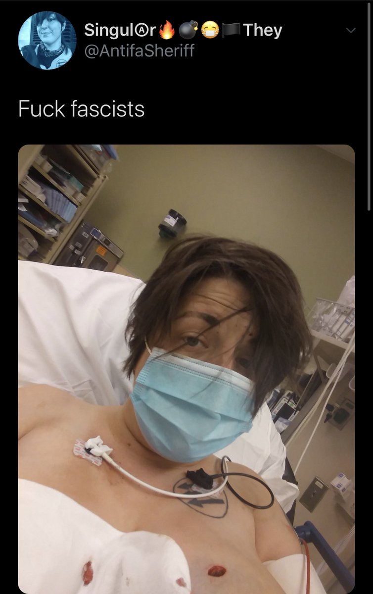 MrAndyNgo's tweet image. The person who was stabbed is a Portland-area antifa militant. She’s being treated in the hospital for the wound to the breast.
