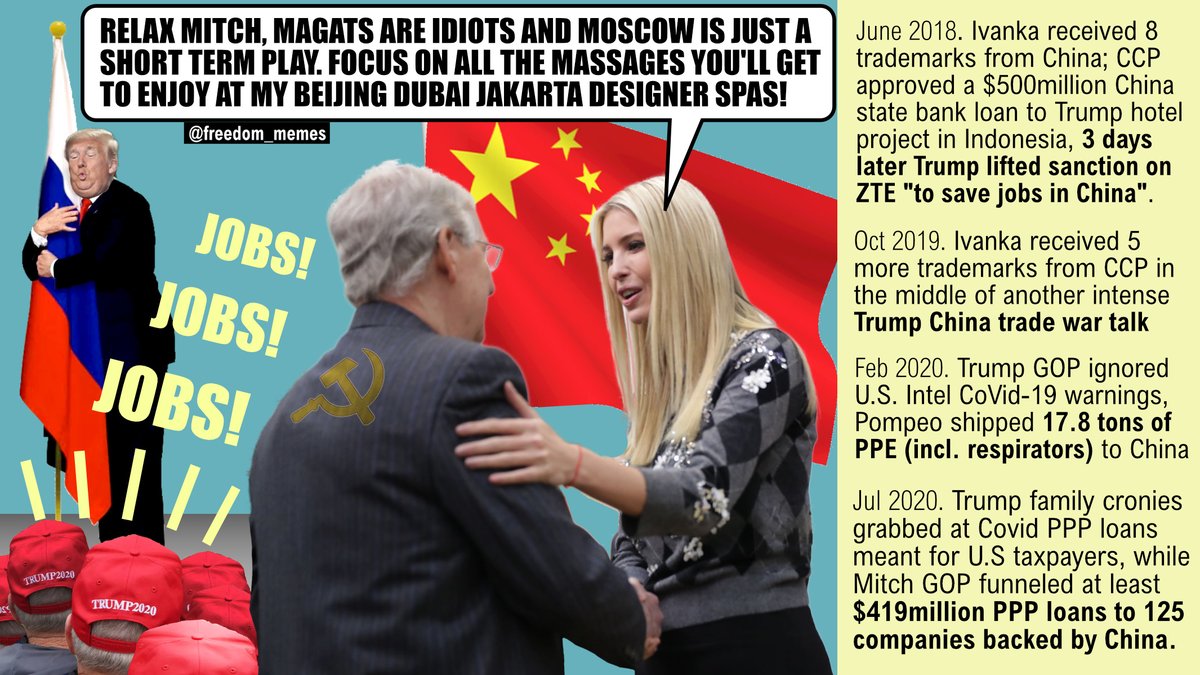 freedom_memes's tweet photo. After robbing taxpayers of $1.5 trillion
#MoscowMitch #GOPComplicitTraitors 
-let #TraitorTrump grift
-sent PPE to CCP
-let Hong Kong fall
-gave PPP loans to China!
-let Americans die to save #NepotismBarbie #IvankaJobs in China!
#VoteTrumpOut #VoteGOPOut
#VoteBlueToSaveAmerica! https://t.co/RYvk8VYJDc