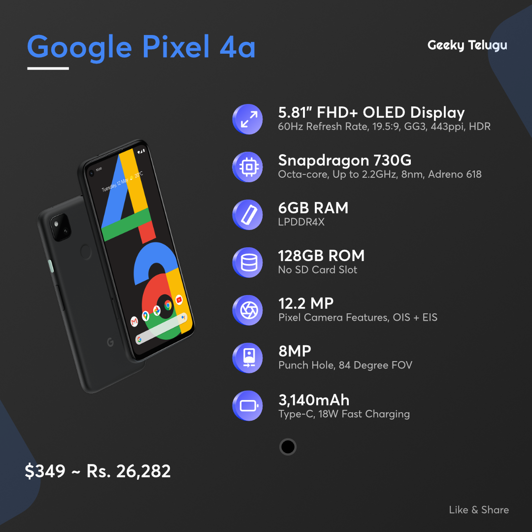 GeekyTelugu's tweet photo. Google launched Pixel 4a at a price of $349 and arriving in India in October.

#pixel #pixel4a #google #googlepixel #googlepixel #googlephone #phone #pixel4aspecs #pixel4afeatures #googlepixel4alaunch #smartphone #mobile #budgetpixel #budgetsmartphone #budgetgooglephone https://t.co/jO1urmOXEL