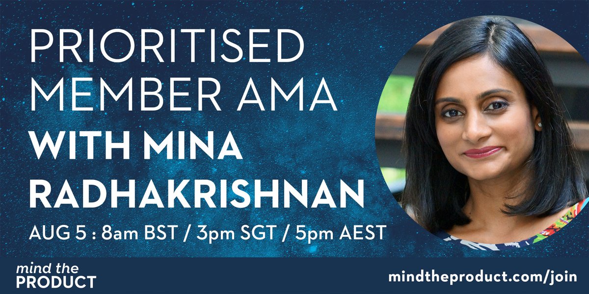 🗓 Tomorrow! 🗓 Members, join us for our next AMA: get your questions answered by <a href="/minarad/">Mina Radhakrishnan</a>🚀- Co-Founder of <a href="/differenthq/">Different Australia</a>, a former APM at Google and the first product person at <a href="/ModCloth/">ModCloth</a> *and* <a href="/Uber/">Uber</a>! Join tomorrow via your dashboard (times below!) mindtheproduct.com/membership/