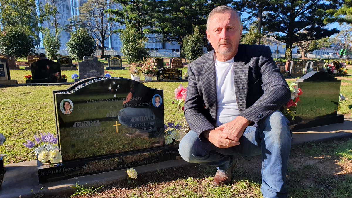 “Take my brother first” Jordan Rice, who drowned with his with mother Donna when their car was trapped in the Toowoomba floods of 2011. The tragic story broke hearts around the world & father John Tyson - pictured at Donna and Jordan's grave - brought up two surviving sons alone