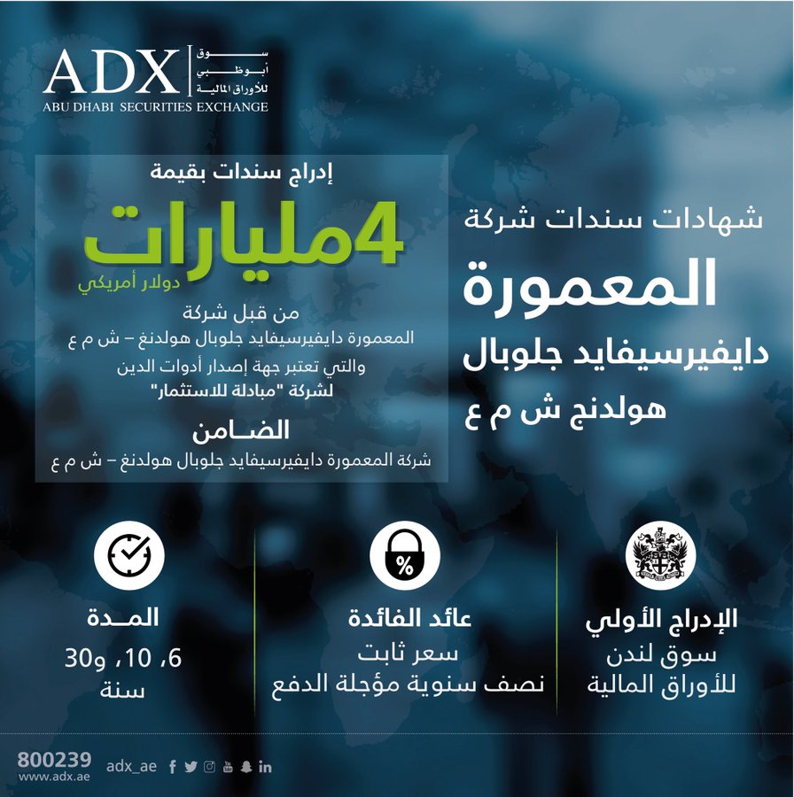 AletihadEconomy's tweet photo. سوق أبوظبي للأوراق المالية يُدرج سندات "المعمورة دايفيرسيفايد جلوبال هولدنغ"، بقيمة 4 مليارات دولار، والمصدرة من قبل "إم جي دي اتش – جي ام تي إن بي.في". وتعتبر شركة المعمورة جهة إصدار أدوات الدين لشركة "مبادلة للاستثمار". وهذ السندات مدرجة بشكل رئيسي في بورصة لندن https://t.co/GVCNYayAmq