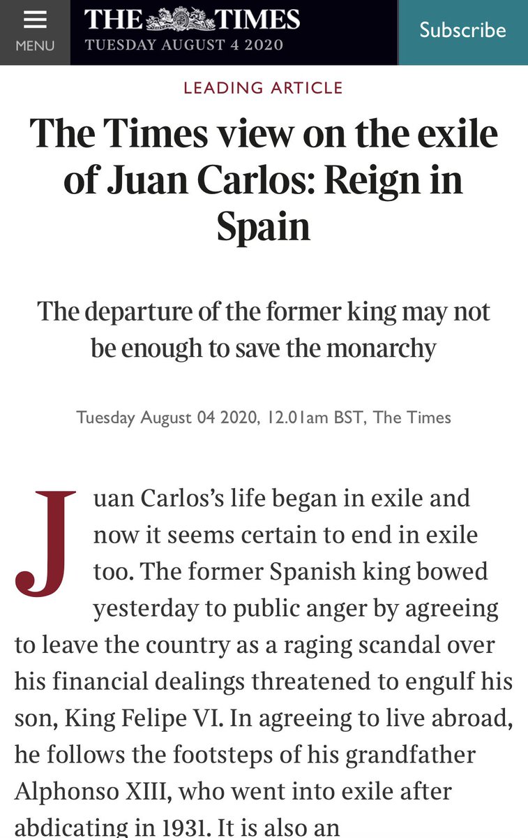 ANCEngland's tweet photo. Editorial del britànic @thetimes Reign in Spain👉🏻 

“The departure of the former king may not be enough to save the monarchy. Former king scandals come at a time when the 1978 constitution has never been under greater strain as a result of Catalonia’s campaign for independence”. https://t.co/FwpysIXz3t