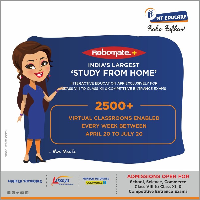 mt_education's tweet photo. Robomate+ is an online education portal that provides interactive study material for students. We endeavour to make school easy for students and help them score more.
MT Educare hai toh Raho Befikar!
.
.
.
#MTEducare #MrsMeeTa #uncertaintykadaar #MaheshTutorials https://t.co/XFAgxzyY2F