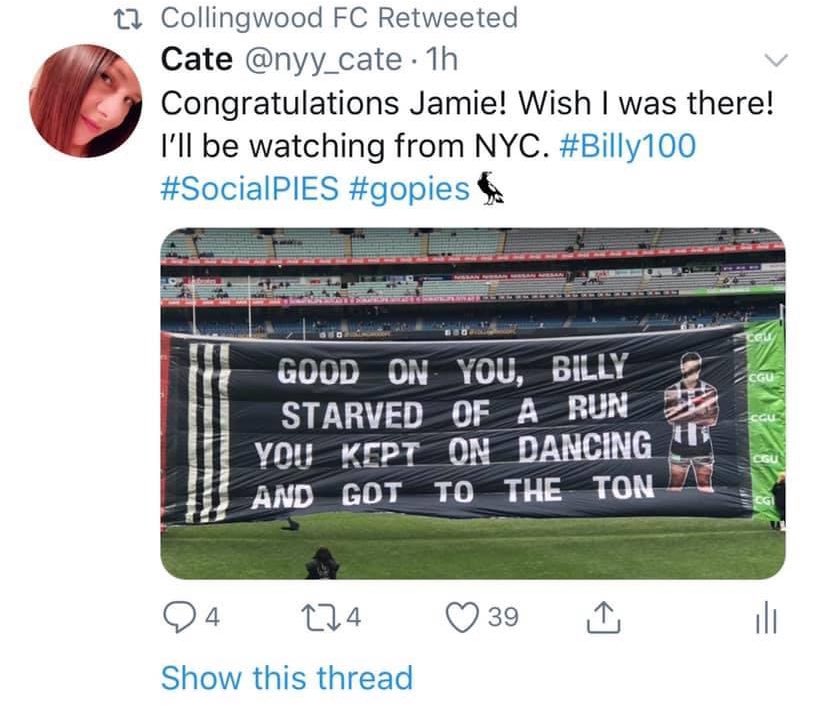 nyy_cate's tweet photo. #OTD last year it was Jamie Day! I’m still a little sad that I wasn’t here for it. #Billy100 #GoPies @CollingwoodFC https://t.co/JmvkRRUdV3