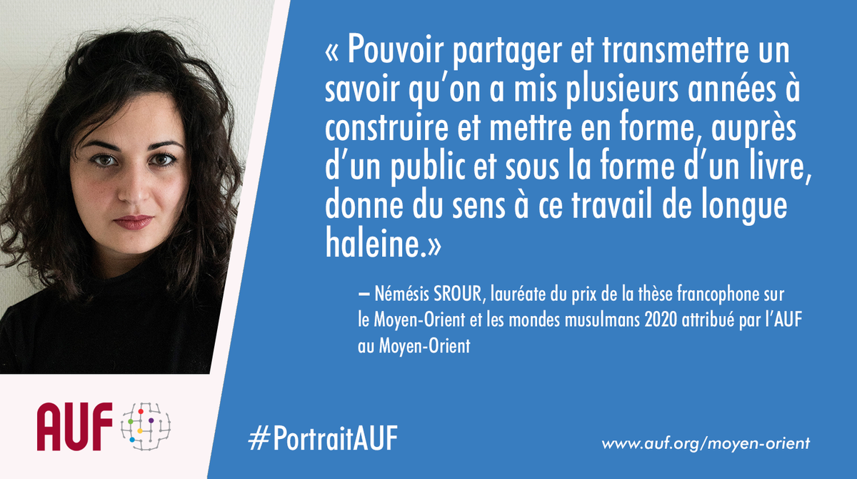 AUF_MoyenO's tweet photo. #PortraitAUF : Découvrez ce #témoignage de Némésis Srour qui a mérité Le prix de la thèse francophone pour sa thèse en anthropologie sociale et ethnologie intitulée «Bollywood Film Traffic. Circulations des films hindis au Moyen-Orient (1954-2014)» ➡️ https://t.co/QBvgVVrPj2 https://t.co/b3mK34mbmM