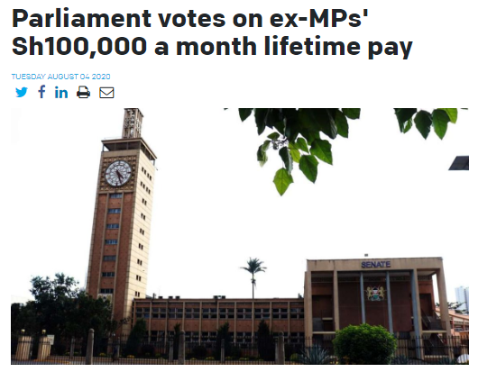 MPs who retired between 1984 and 2001 are set to receive a monthly pension of Sh100,000 for life under revised changes to the National Assembly’s retirement benefits law.via  @dailynation