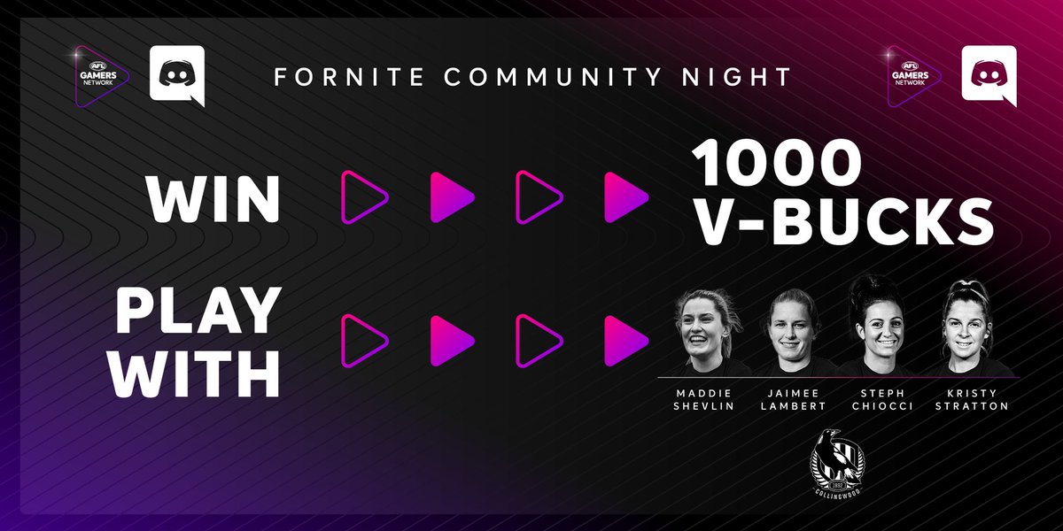 TONIGHT from 7-9pm AEST you can play @fortnite with a star @collingwoodaflw squad AND get the chance to win 1,000 V-Bucks!! 😆 🙌

All you have to do to get involved is sign up to our Discord 🤝 LINK: discord.gg/fRzsWKH