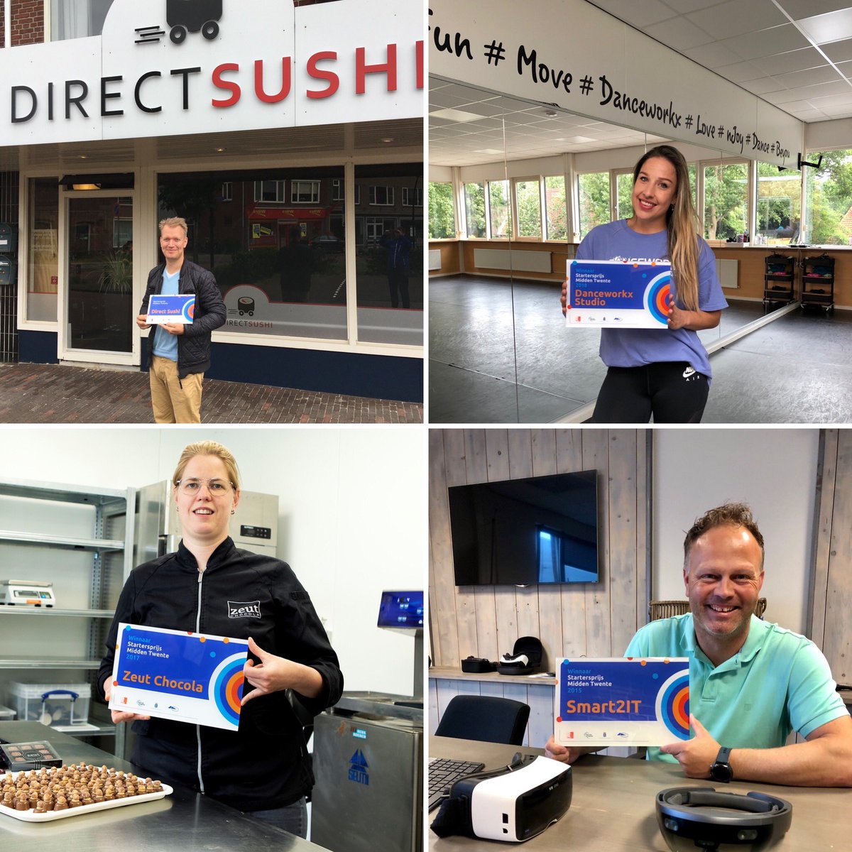 De winnaars van de Startersprijs Midden Twente ontvangen voortaan ook een blijvend aandenken. We brachten deze pasgeleden naar de winnaars van 2015 t/m 2018: <a href="/Smart2IT/">Smart2IT</a> Direct Sushi, Zeut Chocola en Danceworkx Studio. Aanmelden voor 2020 kan nog steeds via startersprijsmiddentwente.nl.