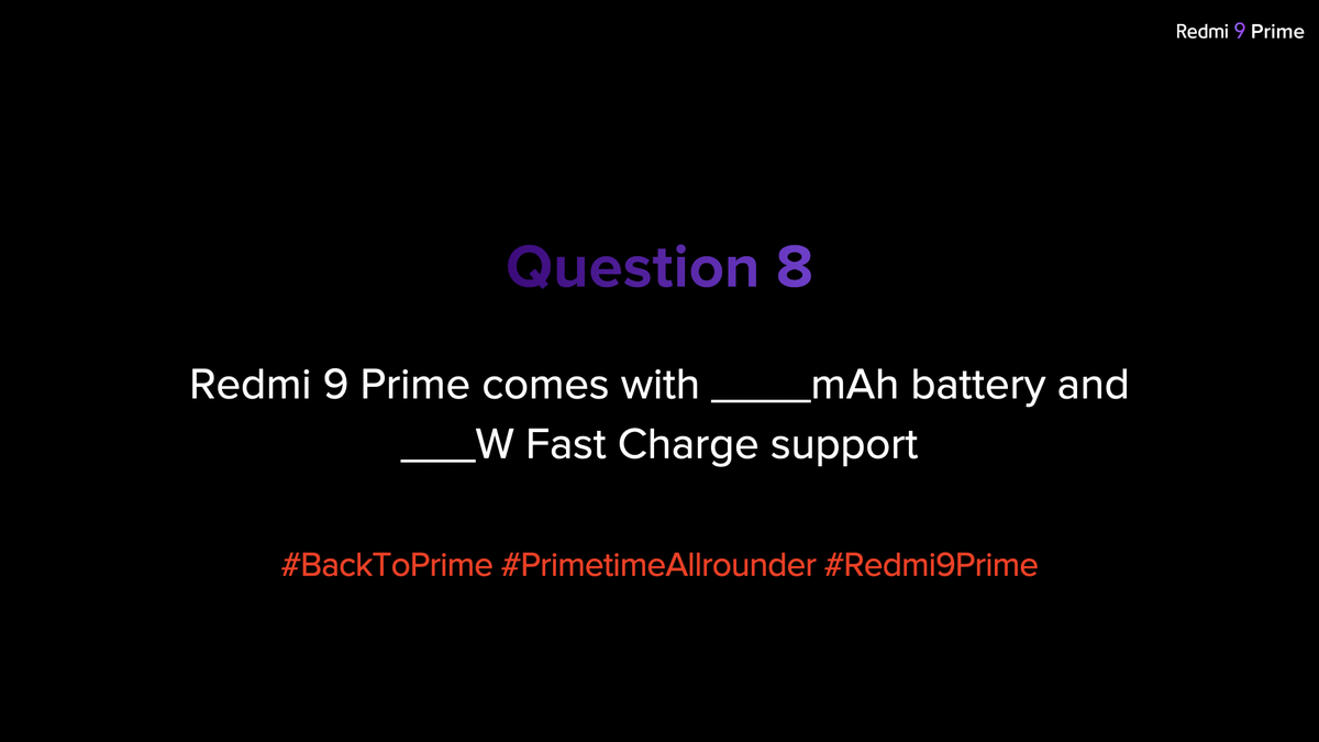 manukumarjain's tweet photo. Wanna WIN a super awesome #Redmi9Prime?

Here's Q8⃣. Tweet and tell me:

👉 #Redmi9Prime comes with _____ mAh Battery🔋 and ____W Fast Charge support.⚡️

RT &amp; tweet your answer with hashtags #BackToPrime, #PrimeTimeAllrounder &amp; #Redmi9Prime for a chance to WIN one! 🔁

#Xiaomi ❤️ https://t.co/BTQJ0xURrY