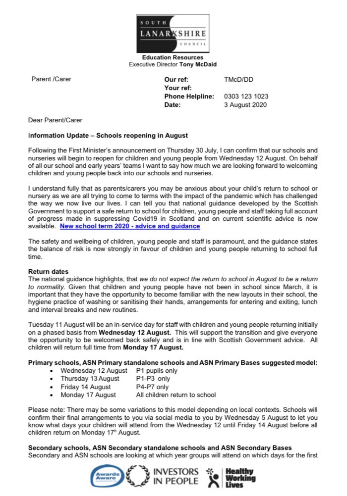 StPeters_ML38LU's tweet photo. Please see return to school information letter below from Tony McDaid, Executive Director. School-specific information will be shared with you later this week. 
(Please note, plans for school bags etc are as detailed in our previous letter due to space &amp; storage, not as below.) https://t.co/JNe9dgaqRq